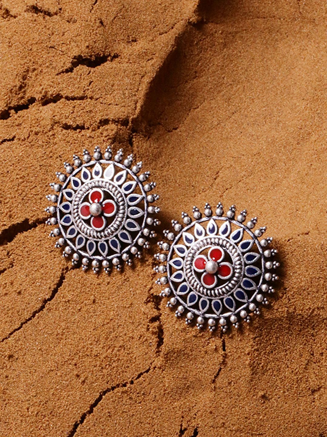 Voylla Silver-Plated & Red Oxidised Circular Studs-picture-20