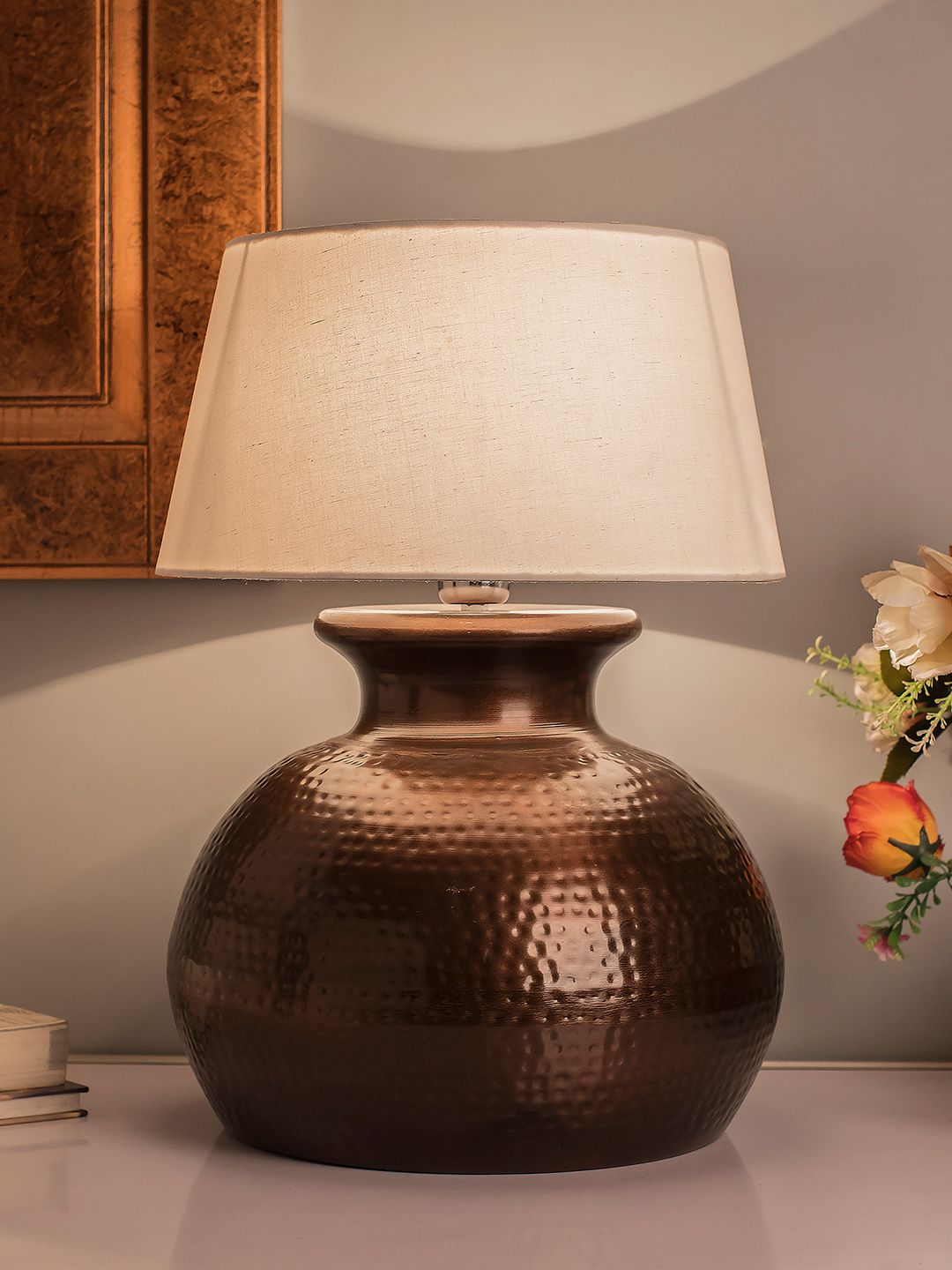 Homesake Copper-Toned & White Antique Textured Handcrafted Table Lamp & Shade-image-26