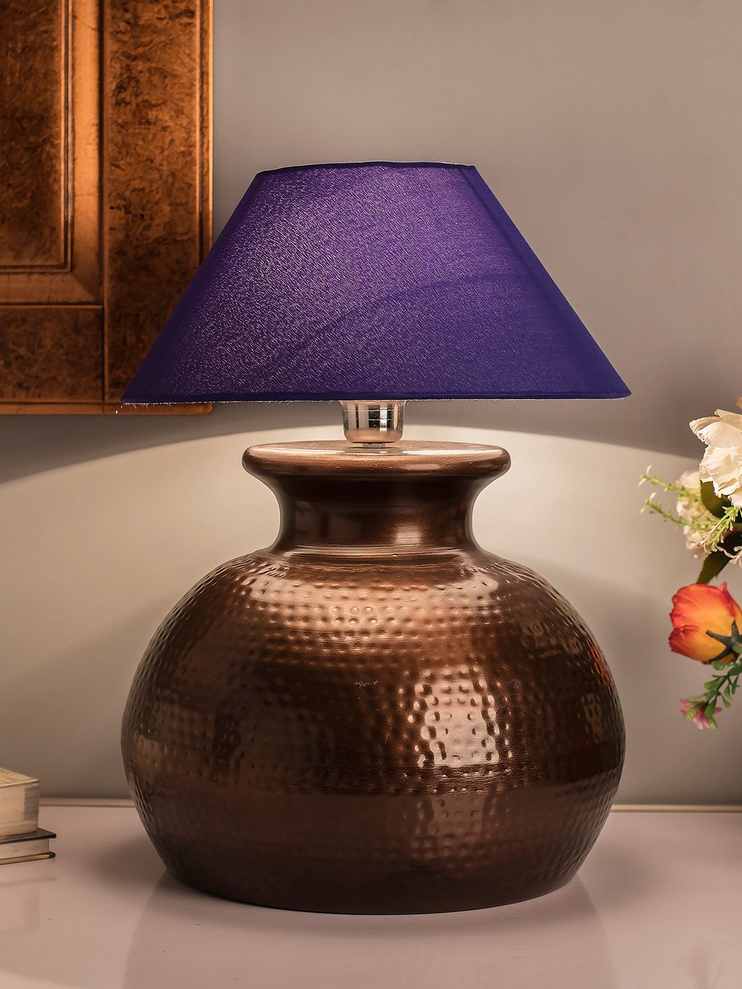 Homesake Copper-Toned & Blue Textured Handcrafted Bedside Standard Table Lamp with Shade-picture-24