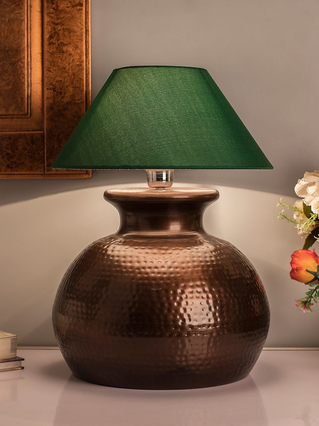 Homesake Copper-Toned & Green Textured Hammered Pitcher Handcrafted Table Lamp with Shade-picture-25