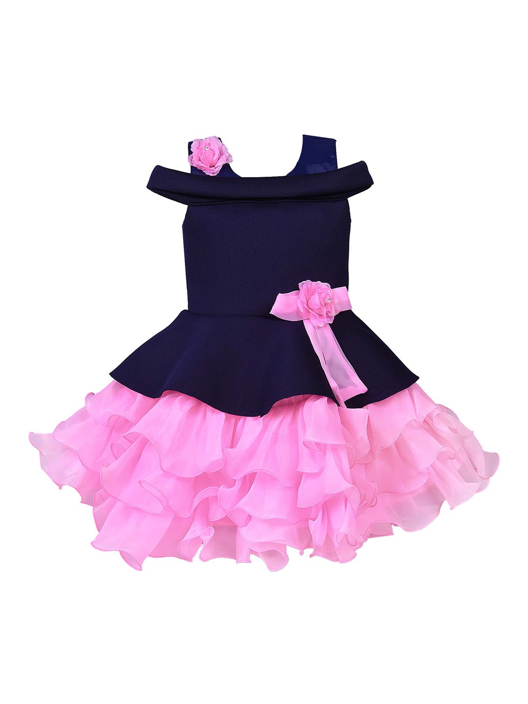Wish Karo Girls Navy Blue Colourblocked Fit and Flare Dress-picture-21