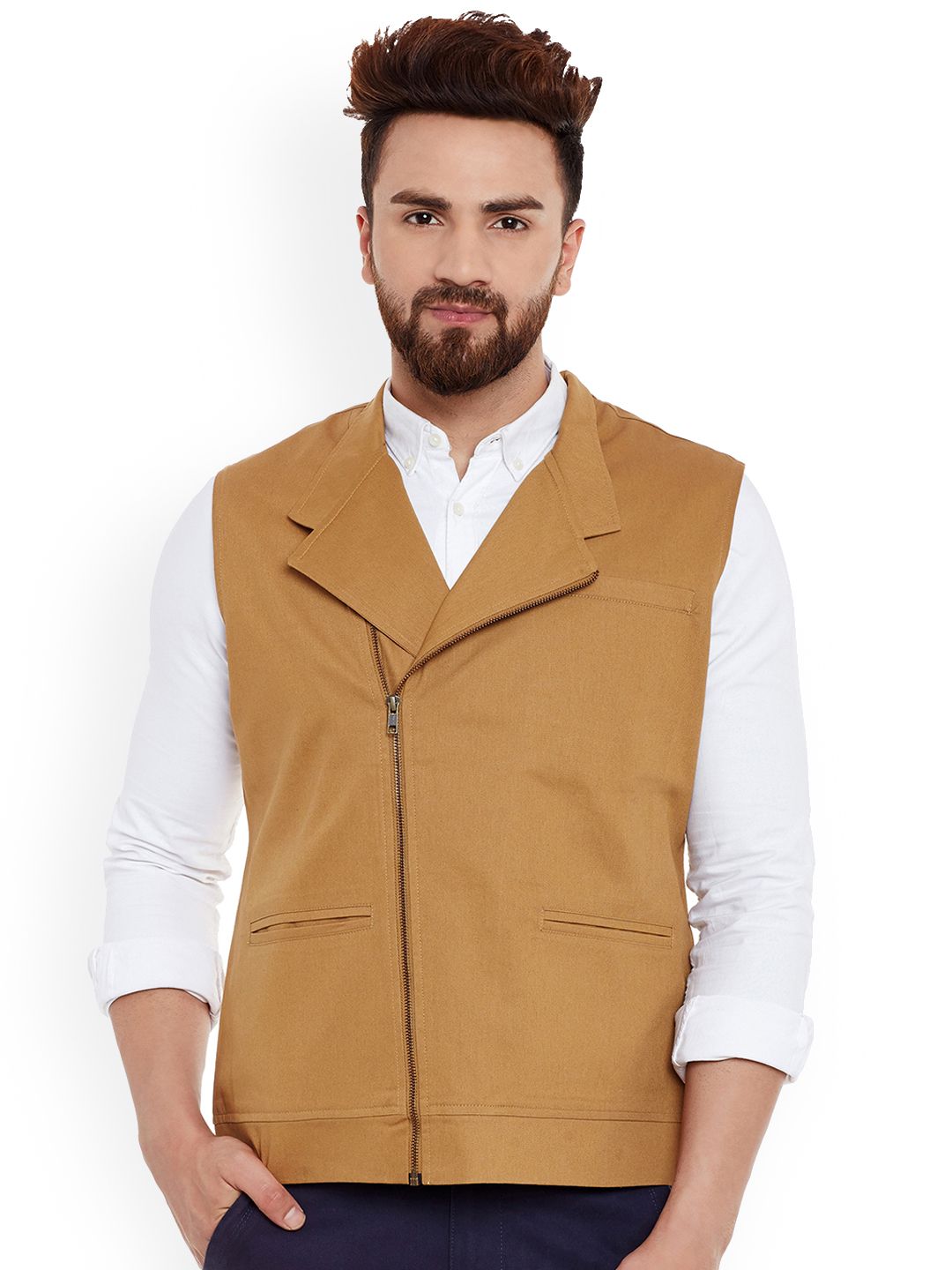 Hypernation Men Khaki-Coloured Solid Woven Pure Cotton Nehru Jacket-picture-28