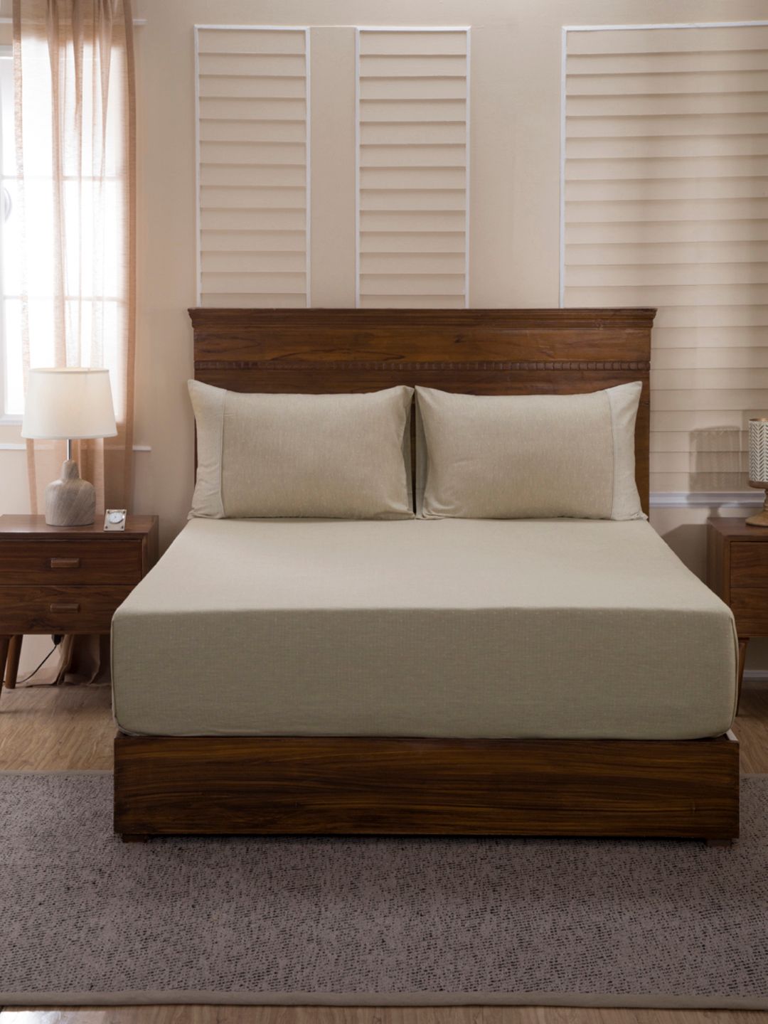 MASPAR Beige Solid Flat 400 TC Egyptian Cotton 1 Queen Bedsheet with 2 Pillow Covers-picture-14