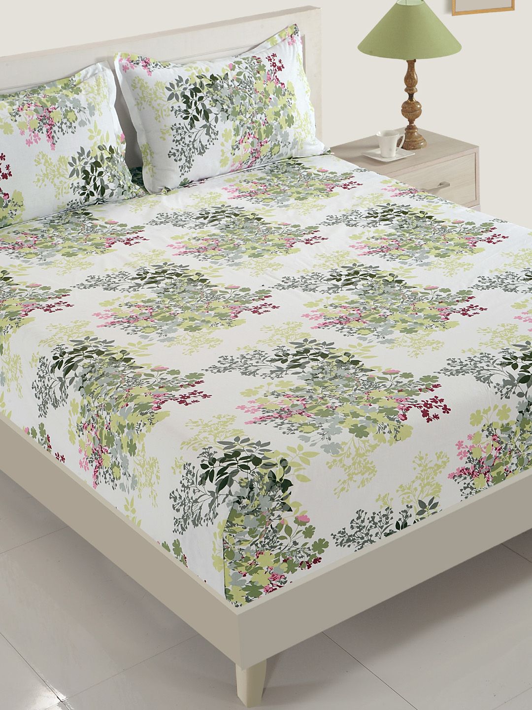 SWAYAM White & Green Floral Fitted 160 TC Cotton 1 Queen Bedsheet Set 1.88m x 1.80m-picture-10