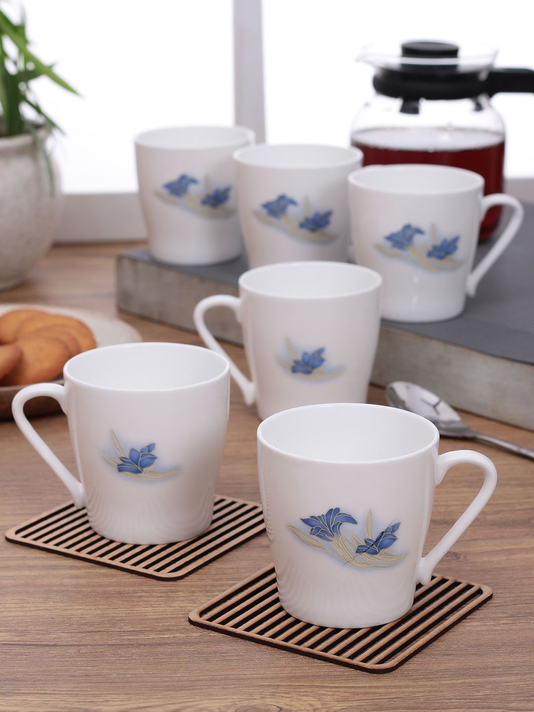 CLAY CRAFT Set of 6 White Printed Bone China Cups 180 ml Each-image-6