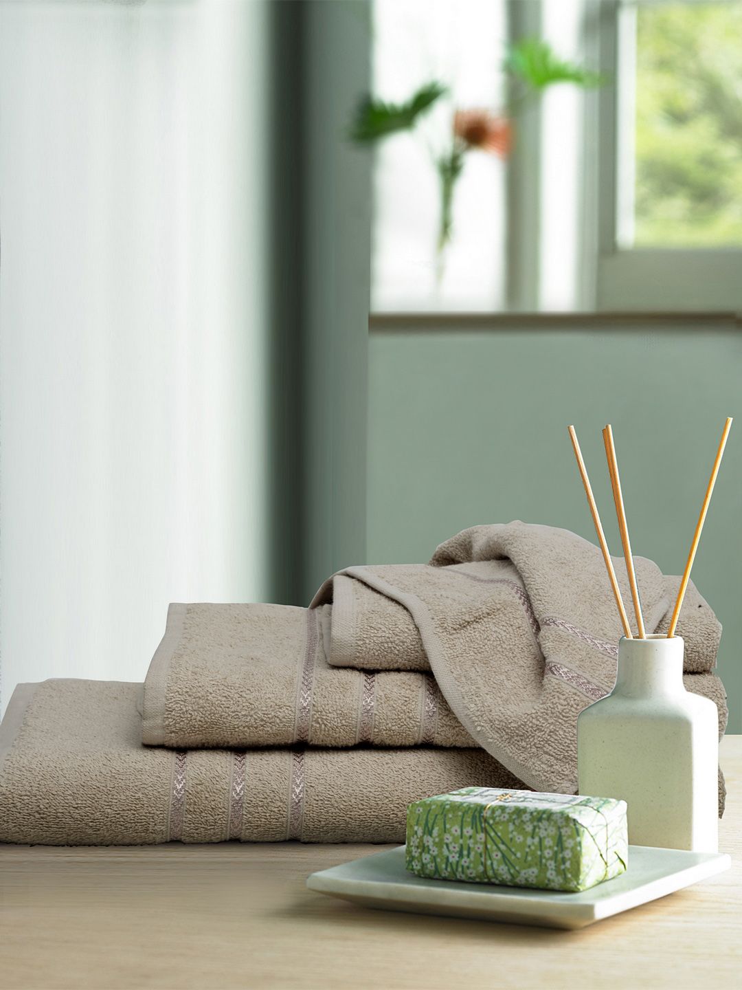 BOMBAY DYEING Beige Set of 4 350 GSM Solid Towels-image-49