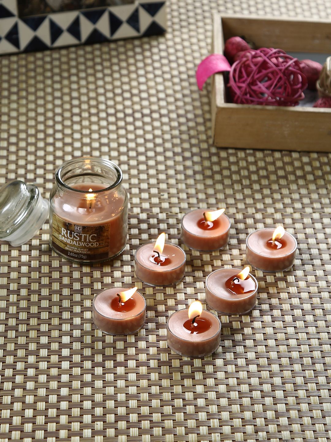 HOSLEY Set of 7 Brown Rustic Sandalwood Scented Jar Candle With Tealights-picture-35