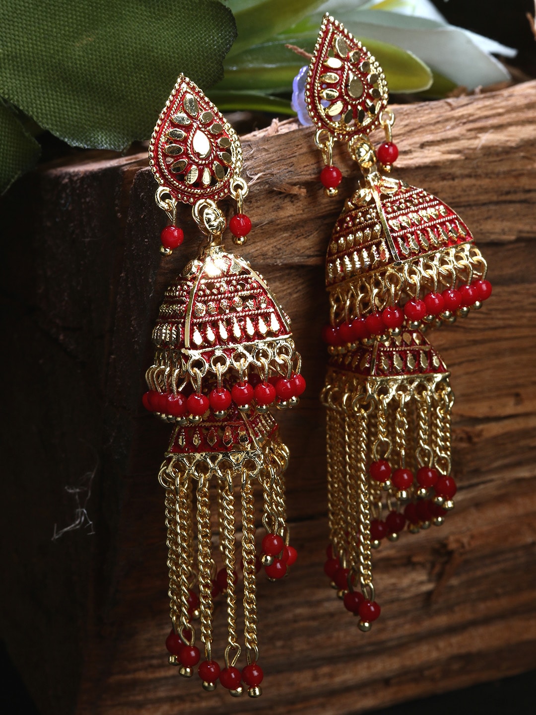 ANIKAS CREATION Red & Gold-Plated Enamelled Dome Shaped Jhumkas
