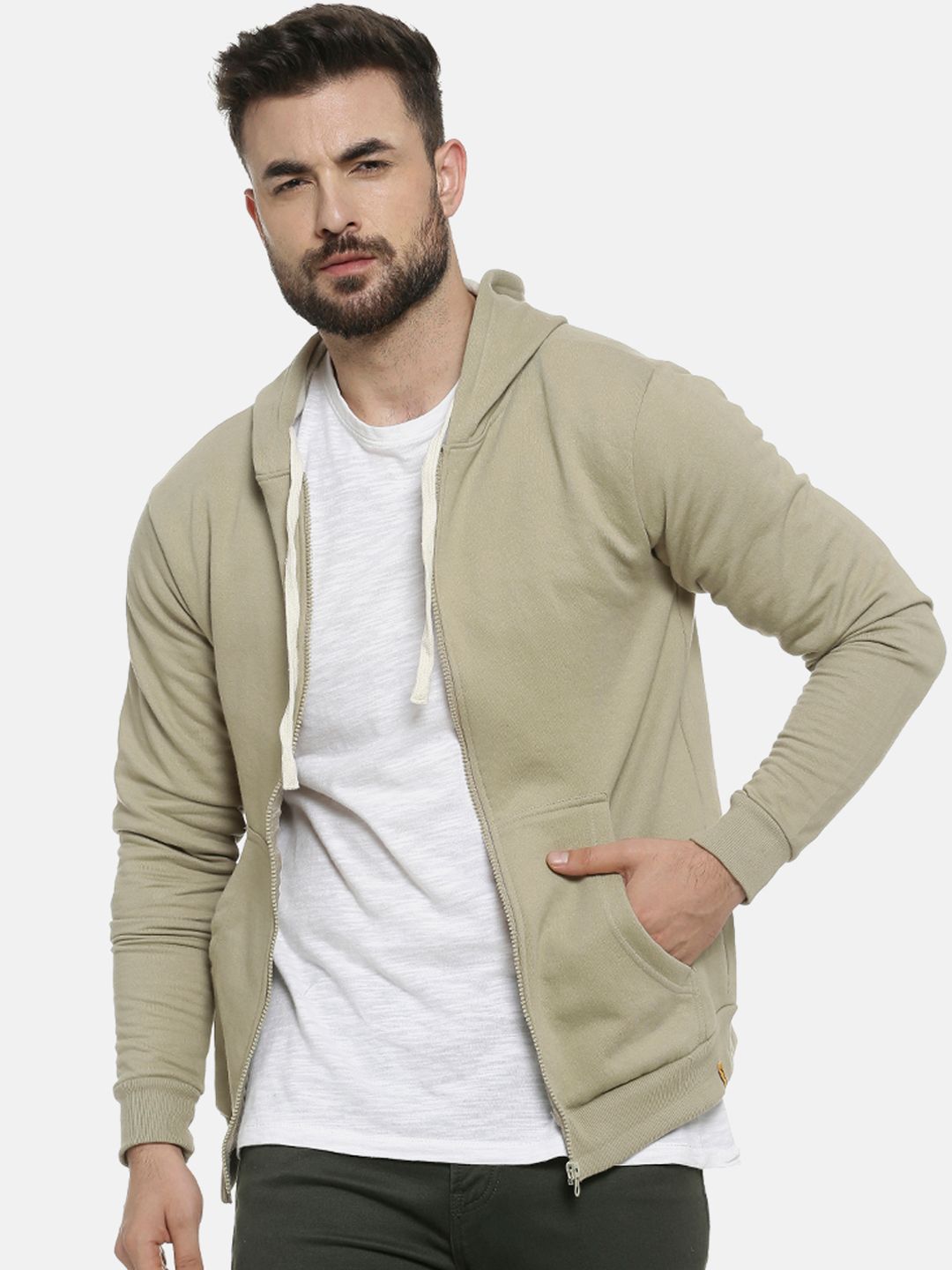Campus Sutra Men Beige Solid Hooded Sweatshirt-picture-16