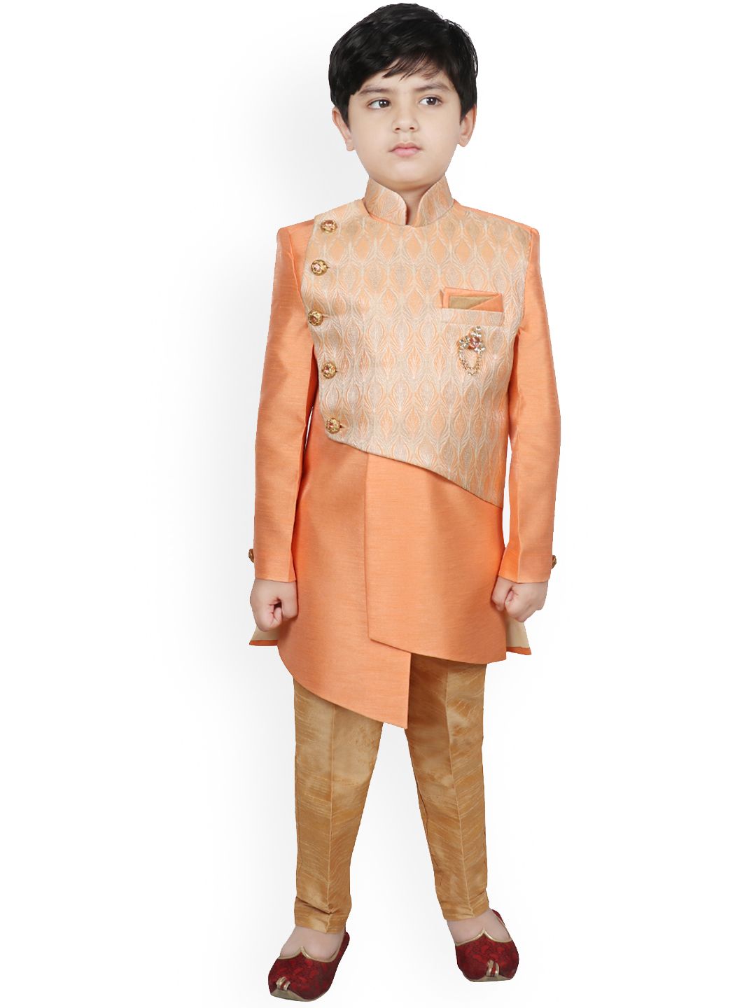 SG YUVRAJ Boys Orange & Gold-Coloured Woven-Design Woven-Design Raw-Silk Sherwani-picture-41