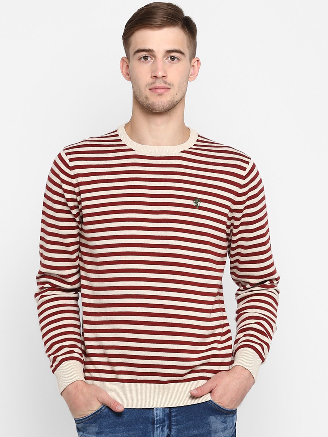 Red Tape Men Beige & Brown Striped Sweater-image-33