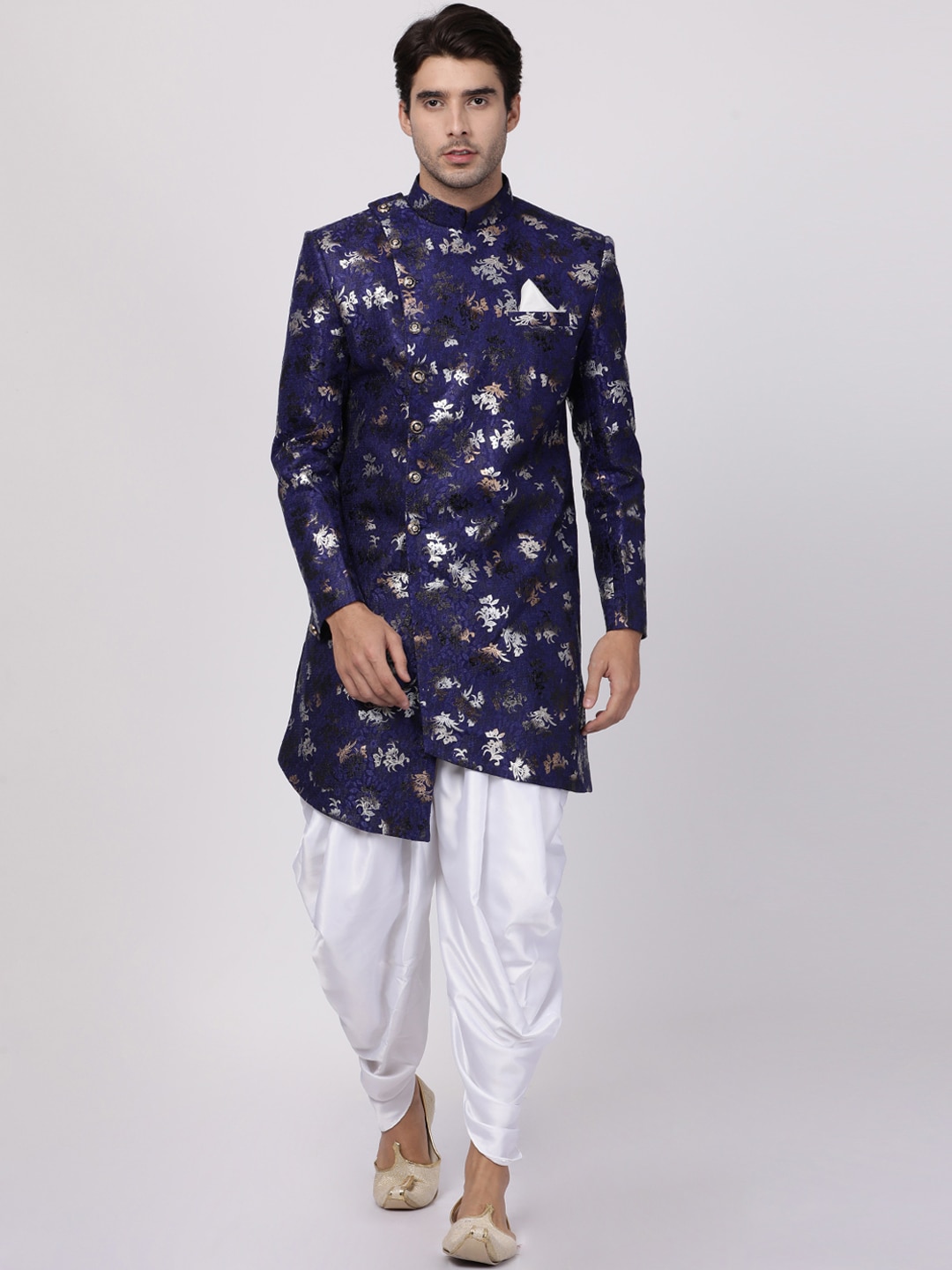 VASTRAMAY Men Royal Blue & White Floral Printed Sherwani With Dhoti Pant Set