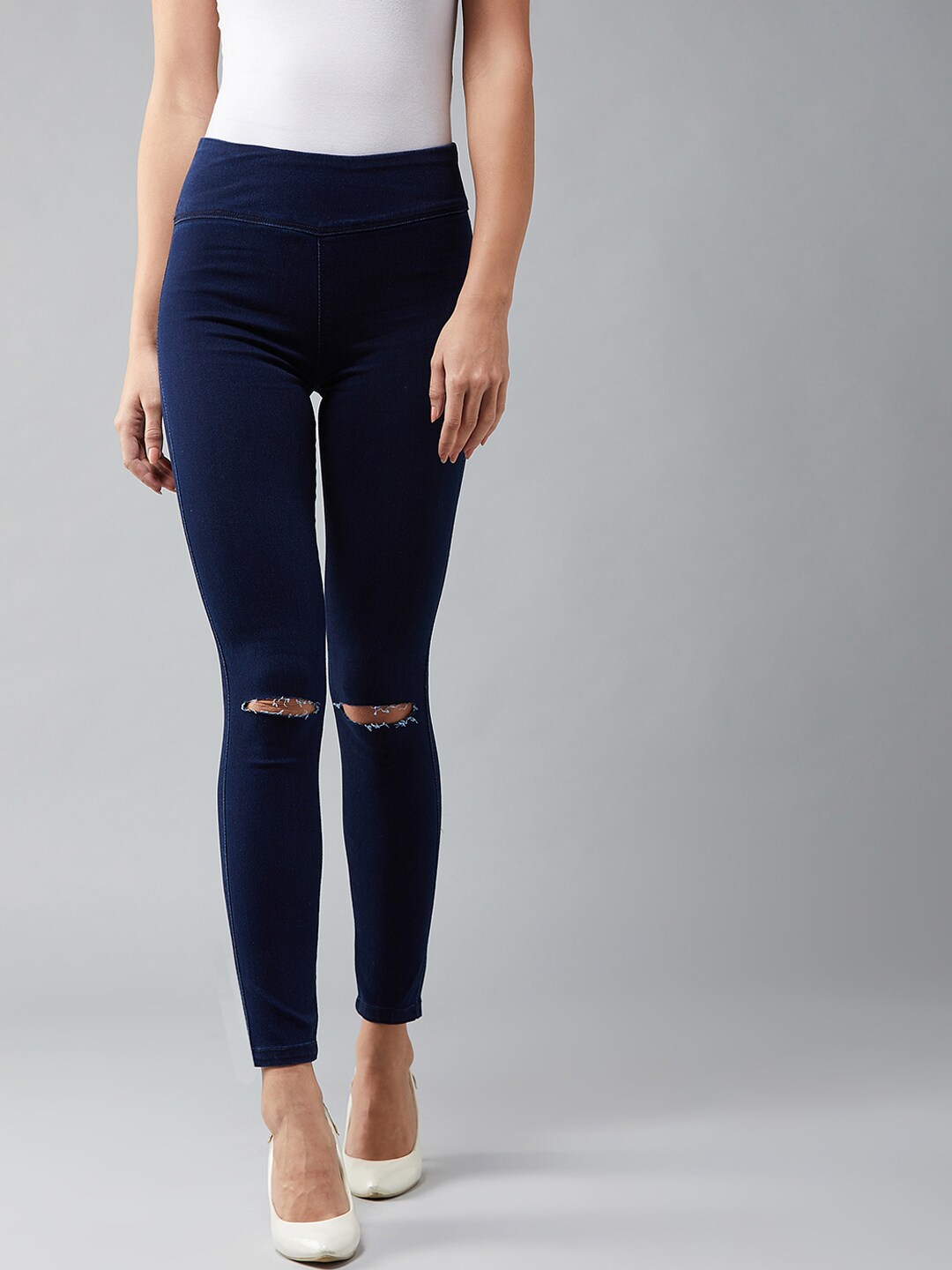 DOLCE CRUDO Women Navy Blue Solid Skinny-Fit Stretchable Jeggings