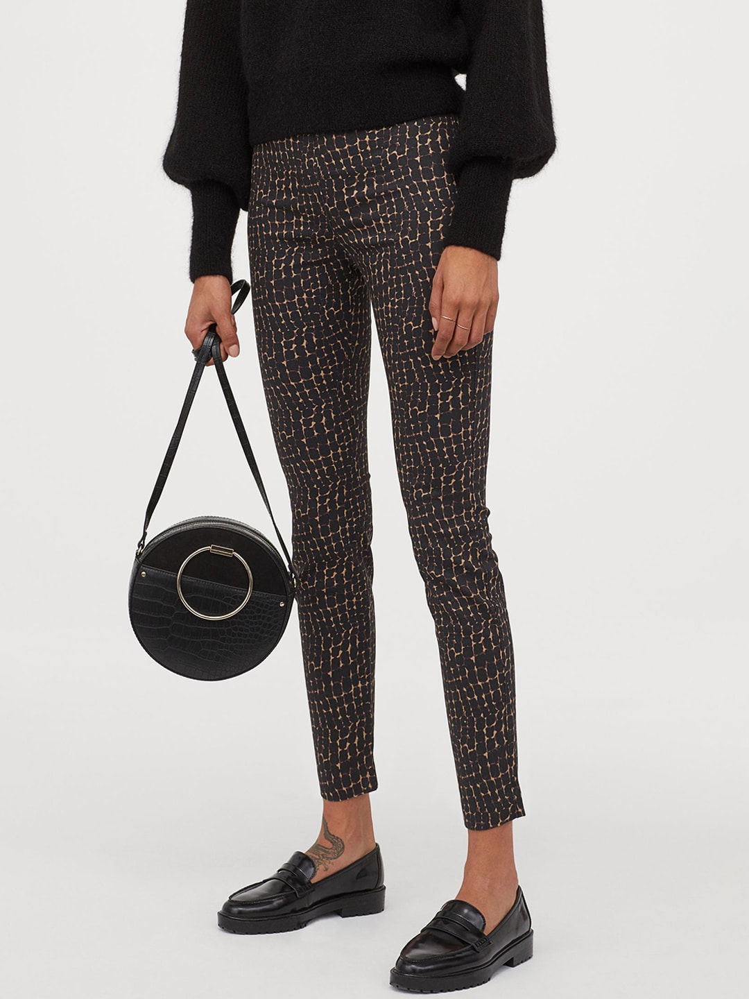 H&M Women Black & Beige Printed Superstretch Trousers