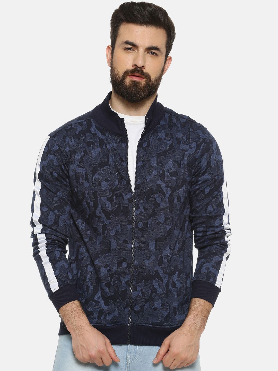 Campus Sutra Men Navy Blue Camouflage Printed Windcheater Bomber-image-30