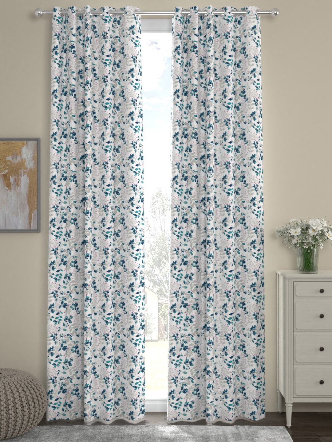 ROSARA HOME White & Blue Set of 2 Door Curtains-picture-3