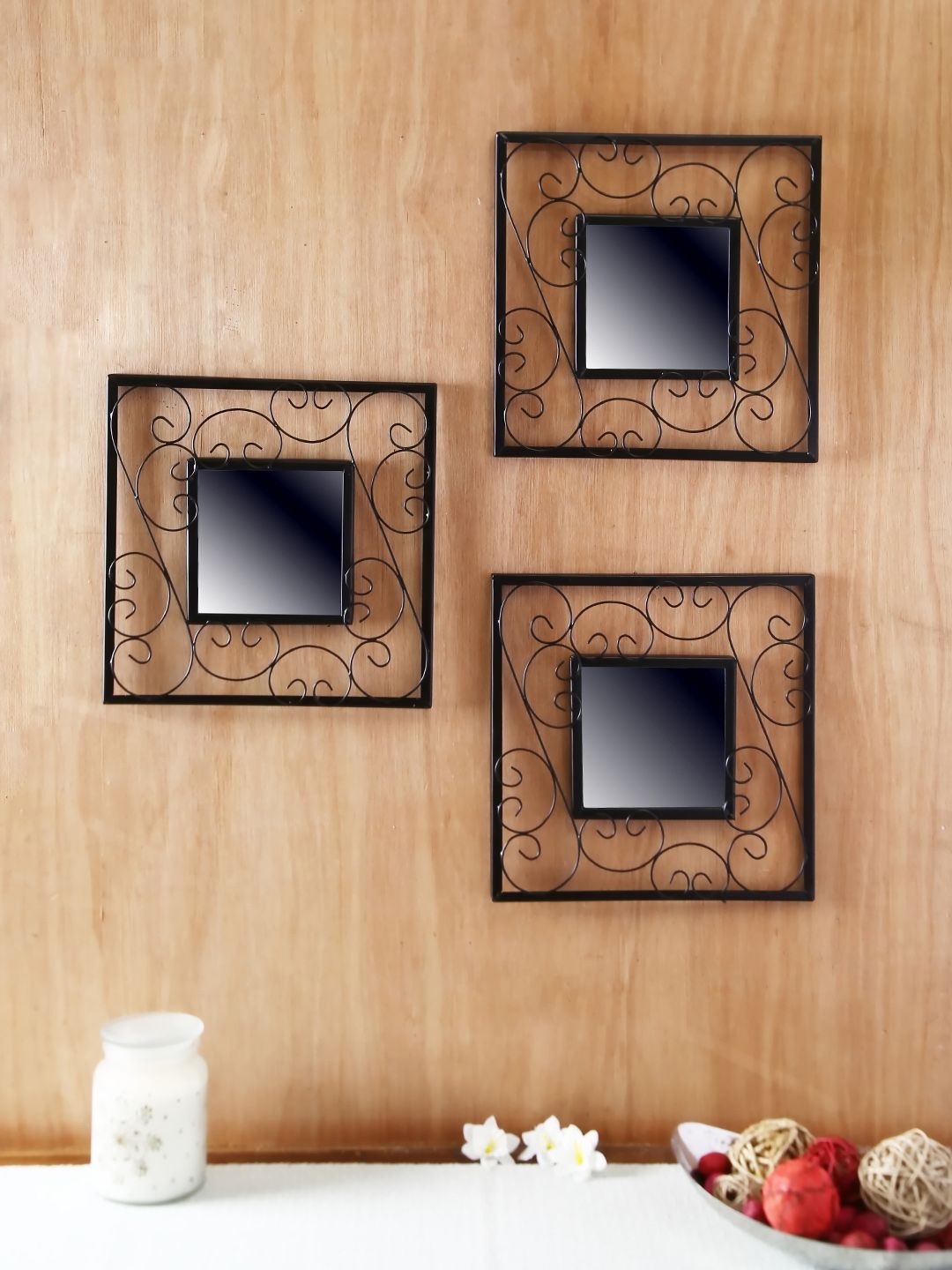 HOSLEY Set of 3 Black Square Decorative Wall Mirrors-image-5