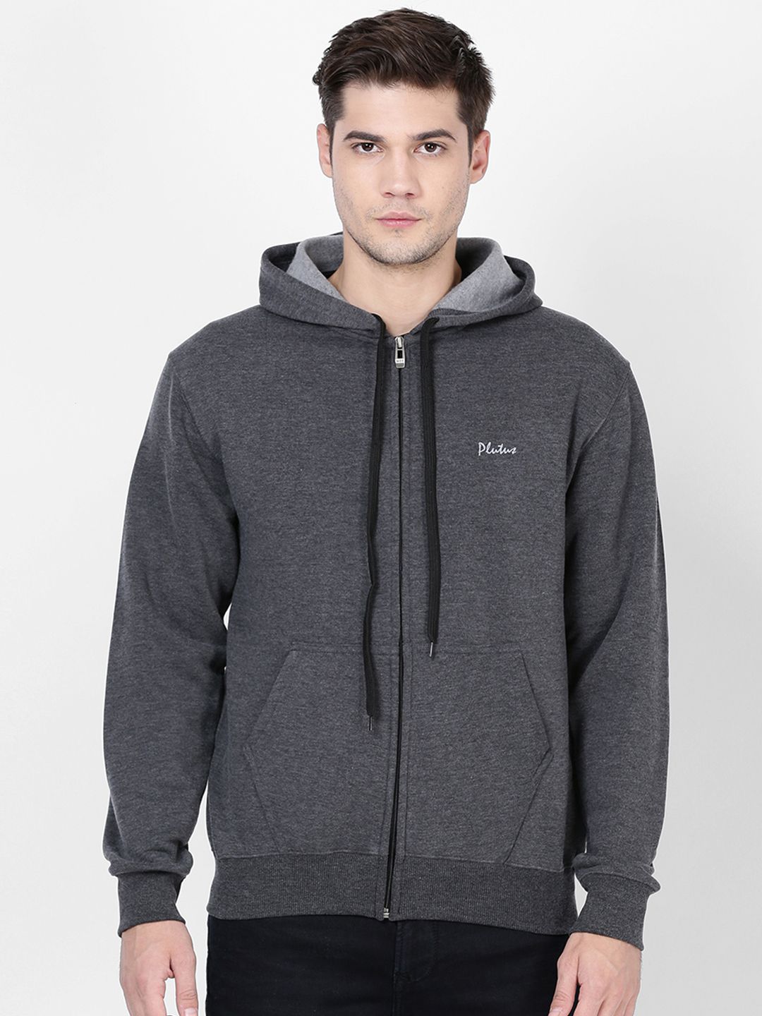 Plutus Men Charcoal Solid Hooded Sweatshirt-picture-17