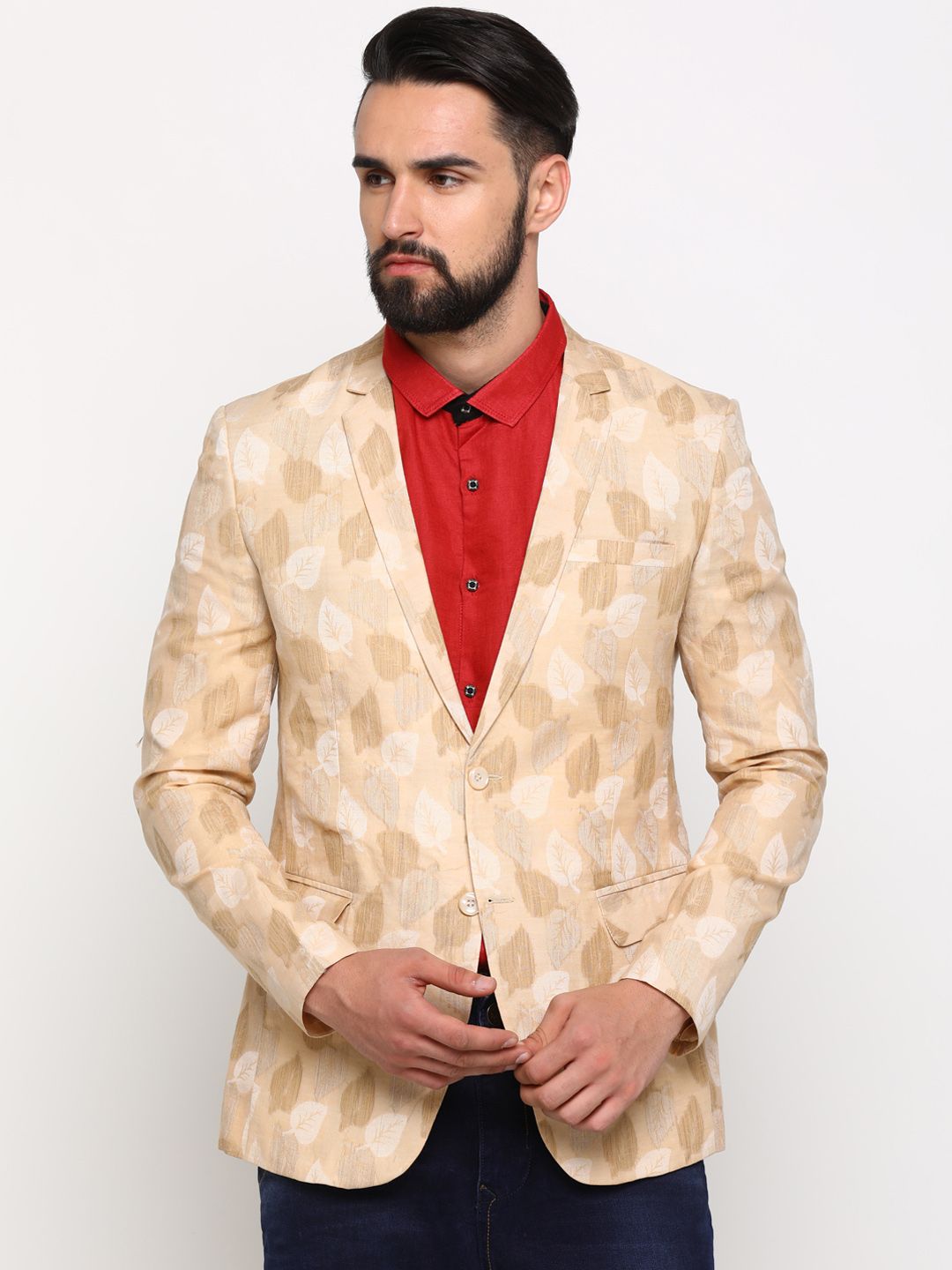 showoffff SHOWOFF Men Cream-Coloured & Beige Printed Single-Breasted Slim-Fit Blazer-picture-20