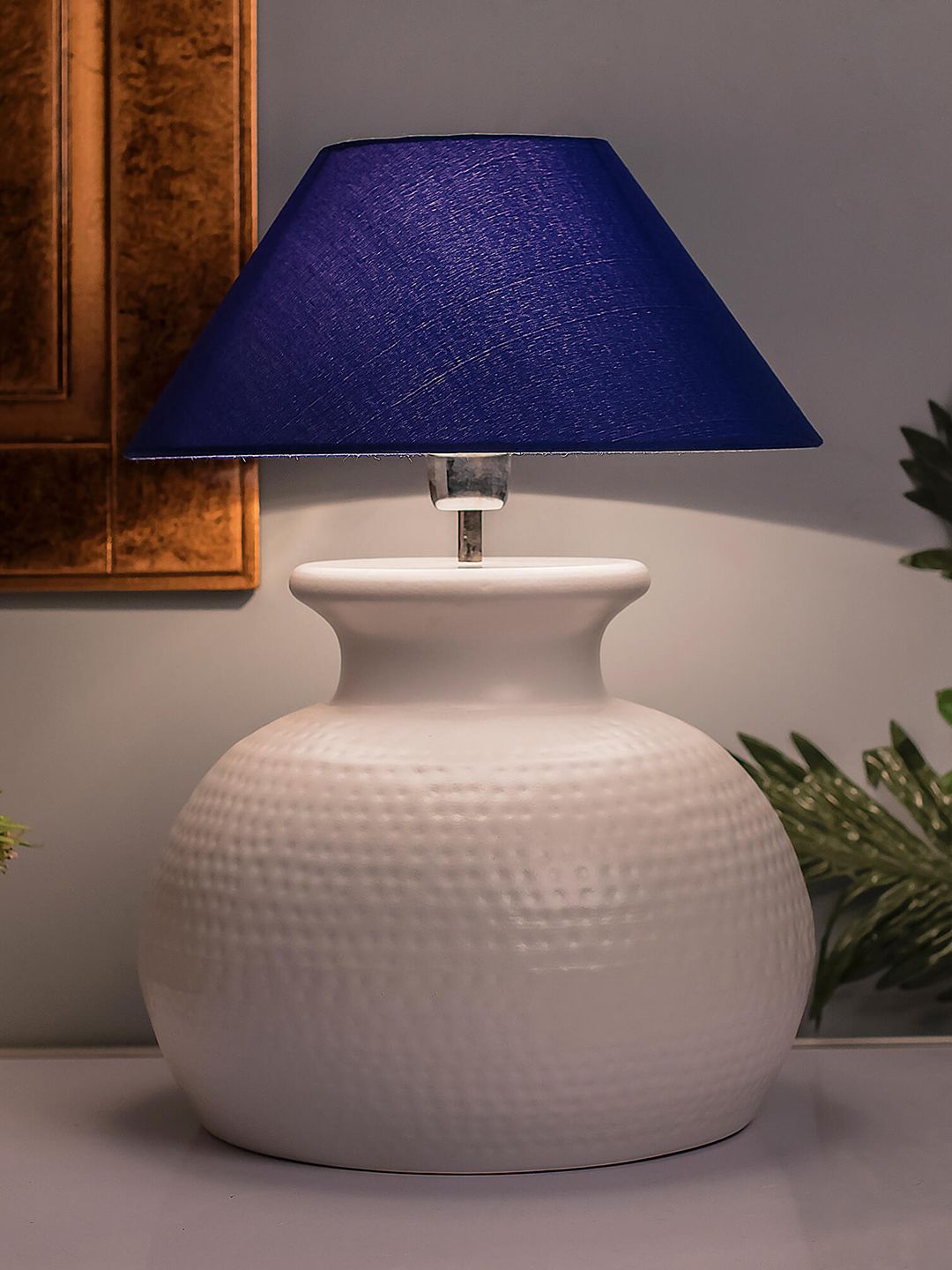 Homesake White & Navy Blue Textured Handcrafted Bedside Standard Table Lamp-picture-51