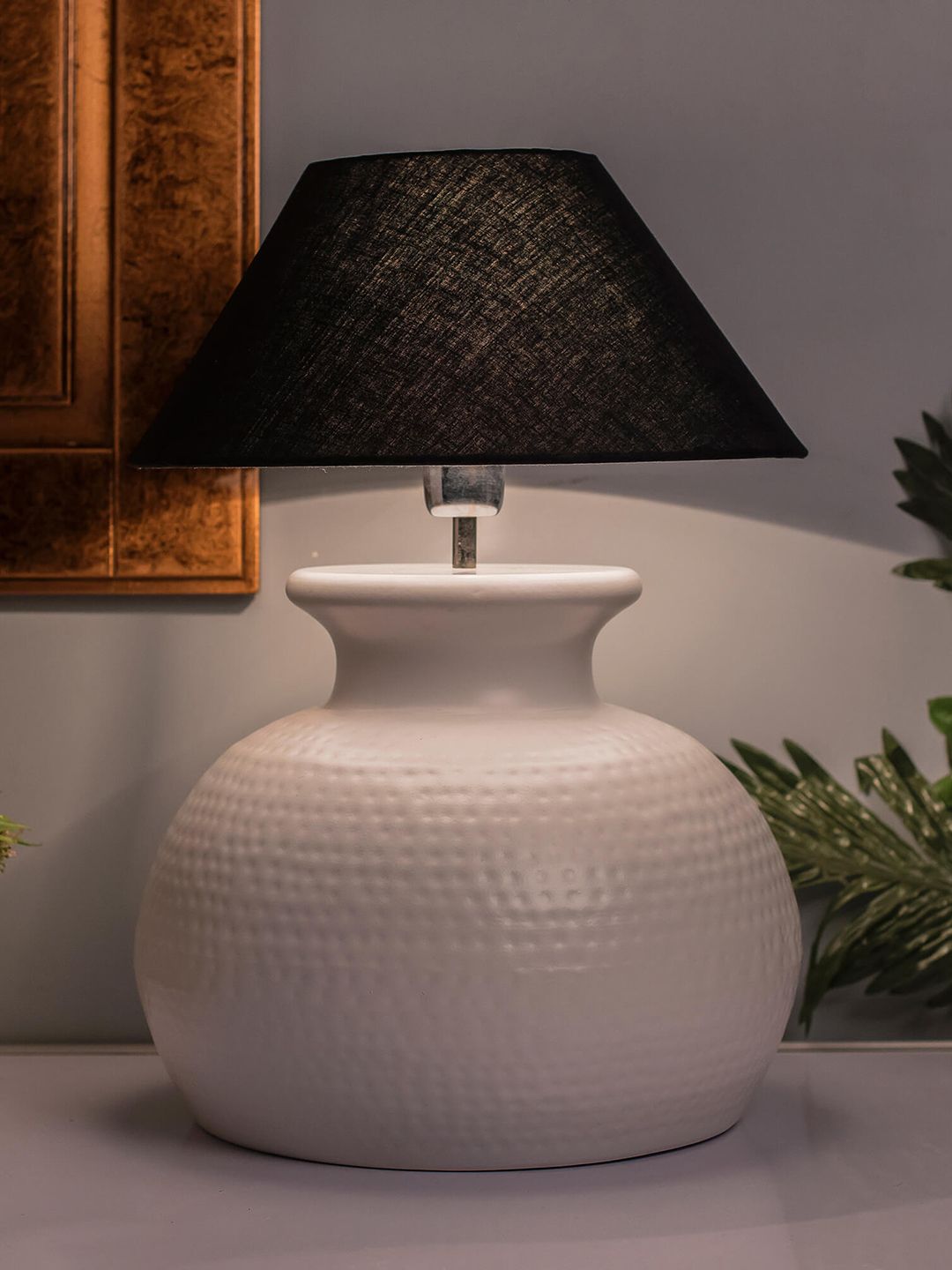 Homesake White & Navy Blue Textured Handcrafted Table Lamp with Shade-image-47