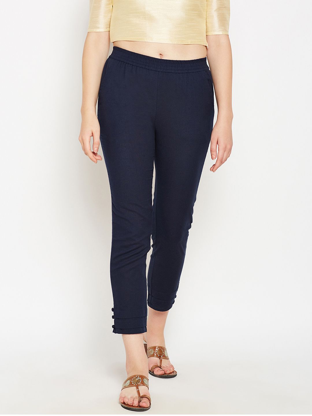 Be Indi Women Navy Blue Regular Fit Solid Cigarette Trousers-picture-20