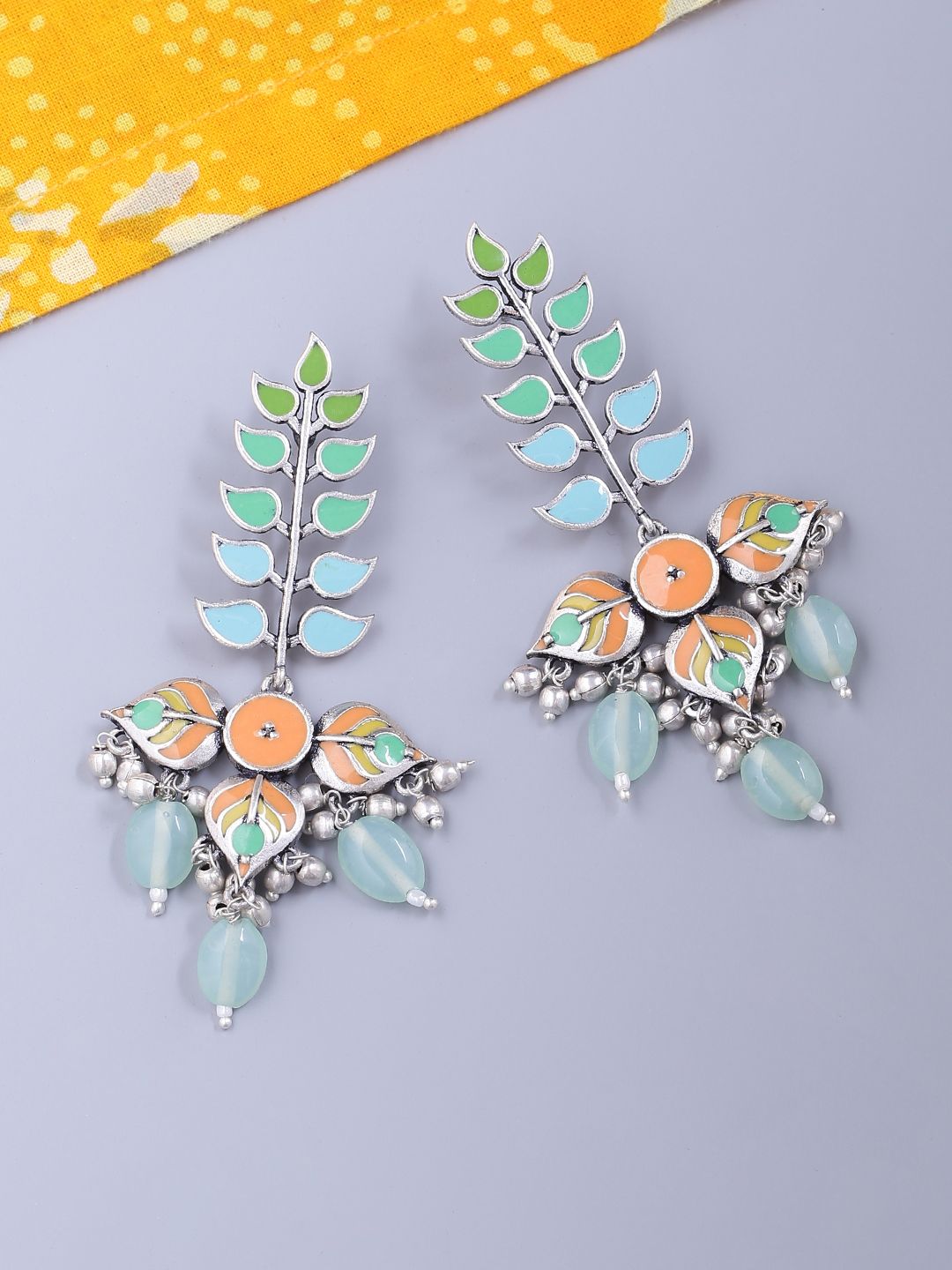 Studio Voylla Silver-Plated Multicoloured Enamelled Leaf Shaped Drop Earrings
