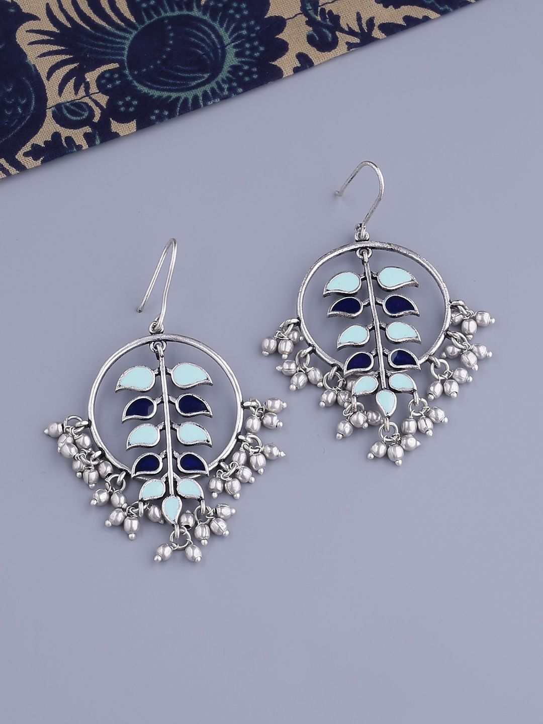 Voylla Silver-Plated & Blue Enamelled Circular Shaped Drop Earrings-picture-21