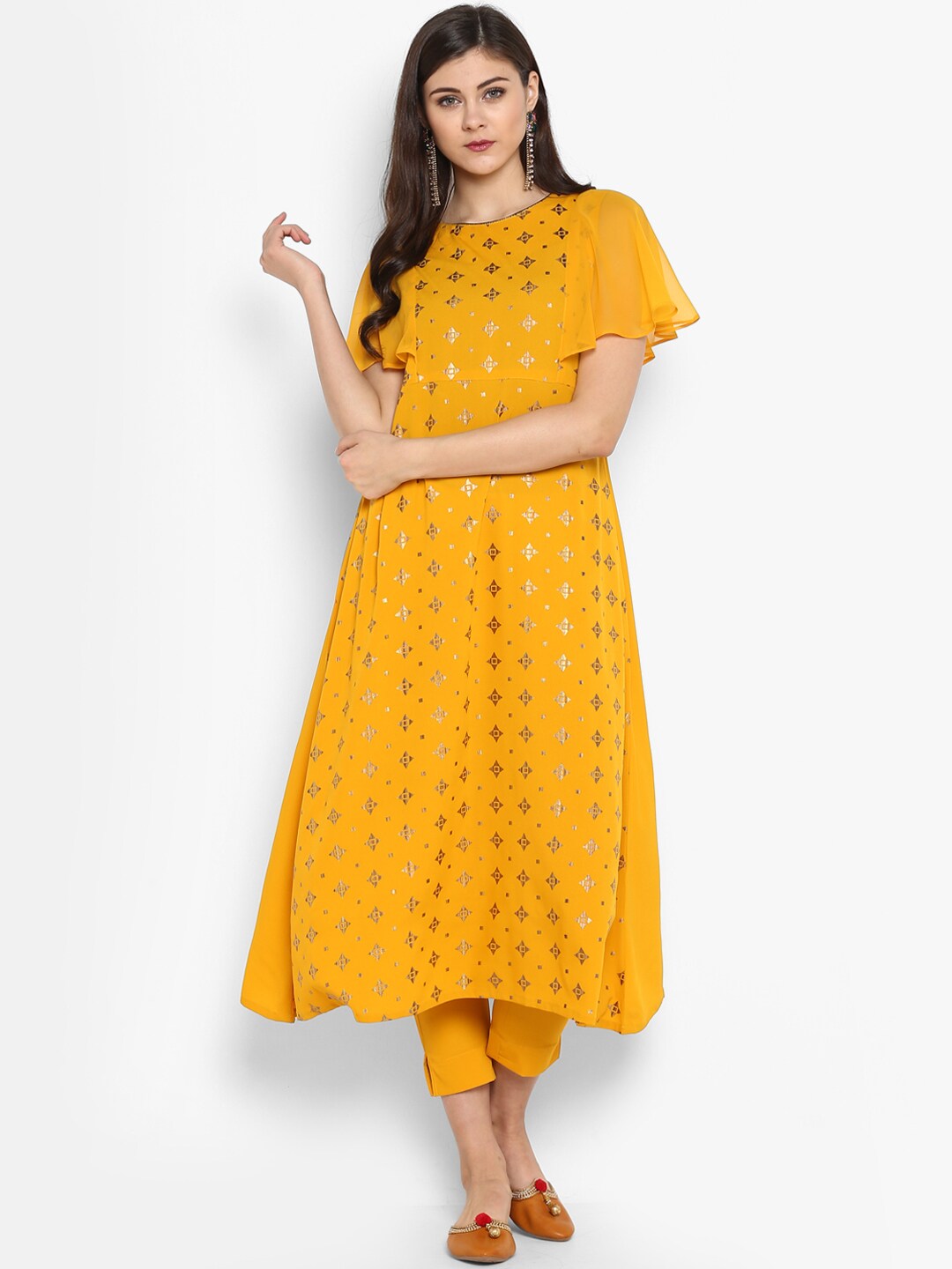 Janasya Women Yellow & Beige Printed Kurta with Trousers