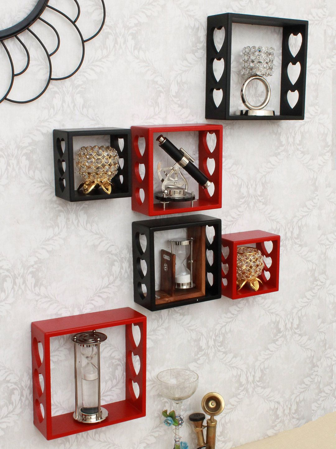 Home Sparkle Set of 6 Black & Red MDF Basic Wall Shelves