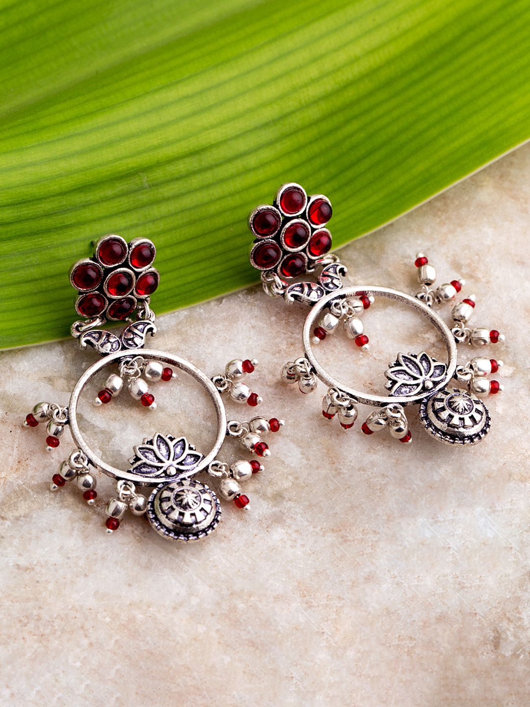 Voylla Oxidised Silver-Plated & Maroon Handcrafted Stone-Studded Circular Drop Earrings-picture-26