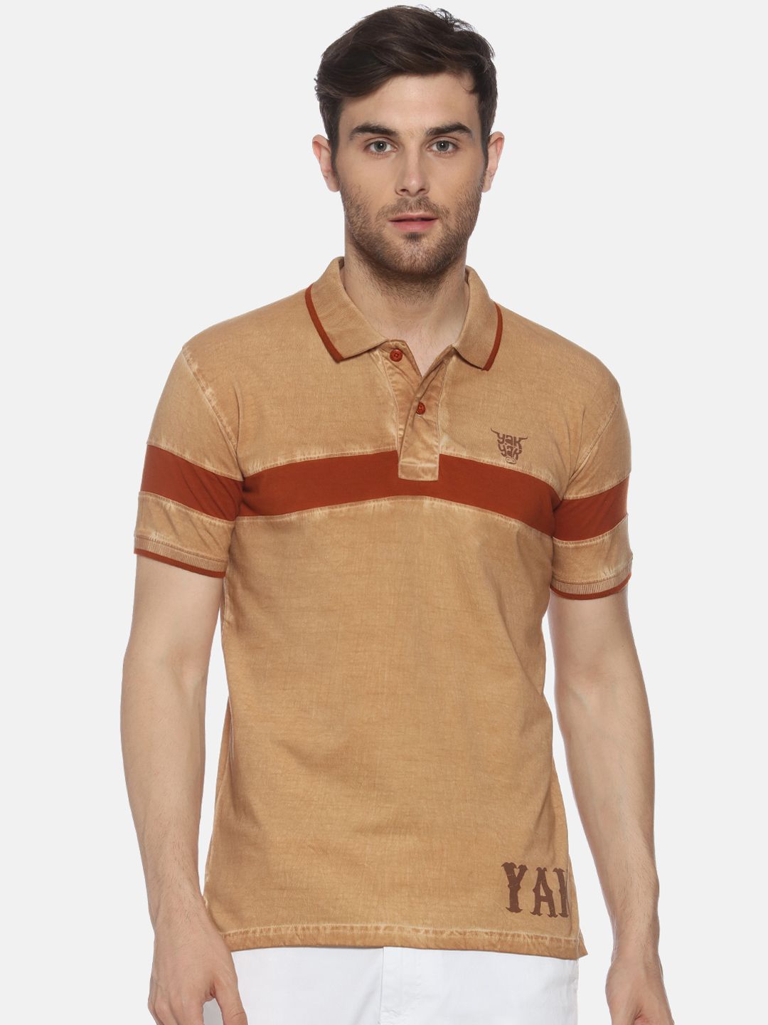 YAK Men Camel Brown Solid Polo Collar T-shirt view 1