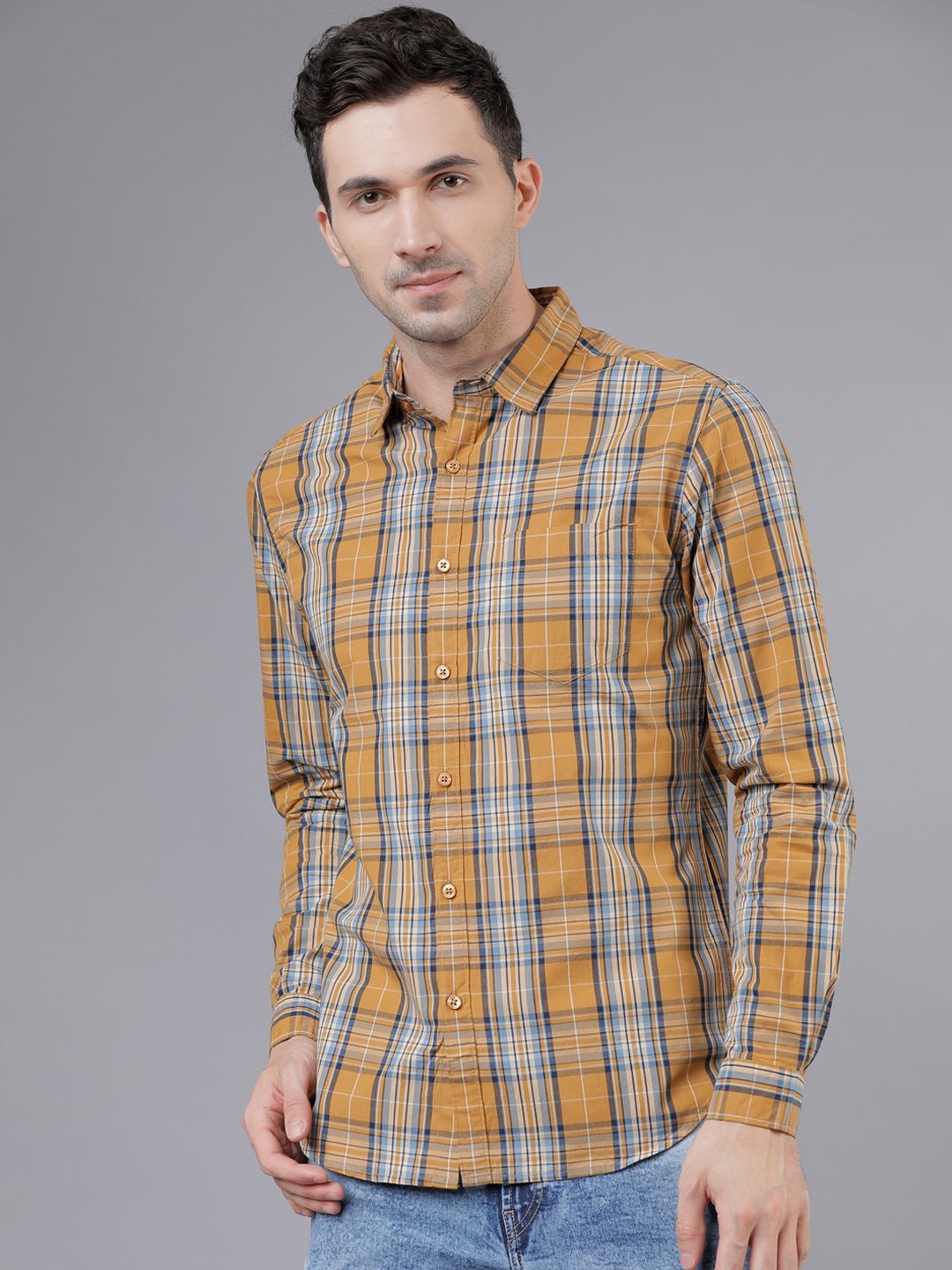 HIGHLANDER Men Mustard & Black Slim Fit Checked Casual Shirt view 1