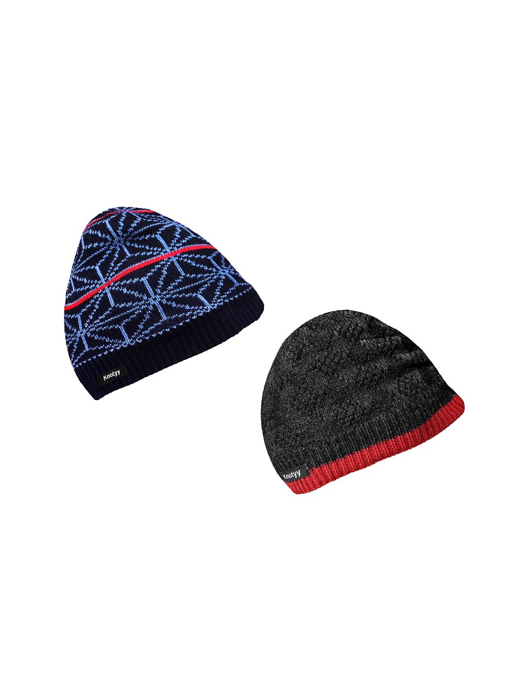 Knotyy Men Pack of 2 Blue & Charcoal Black Self Design Beanie-picture-49