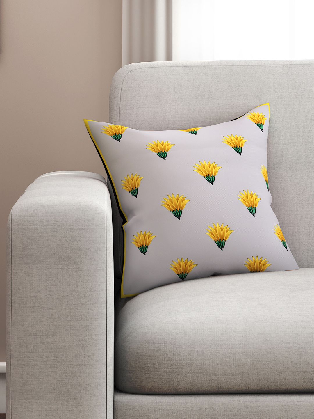 SEJ by Nisha Gupta Grey & Yellow Single Floral Square Cushion Cover-image-34