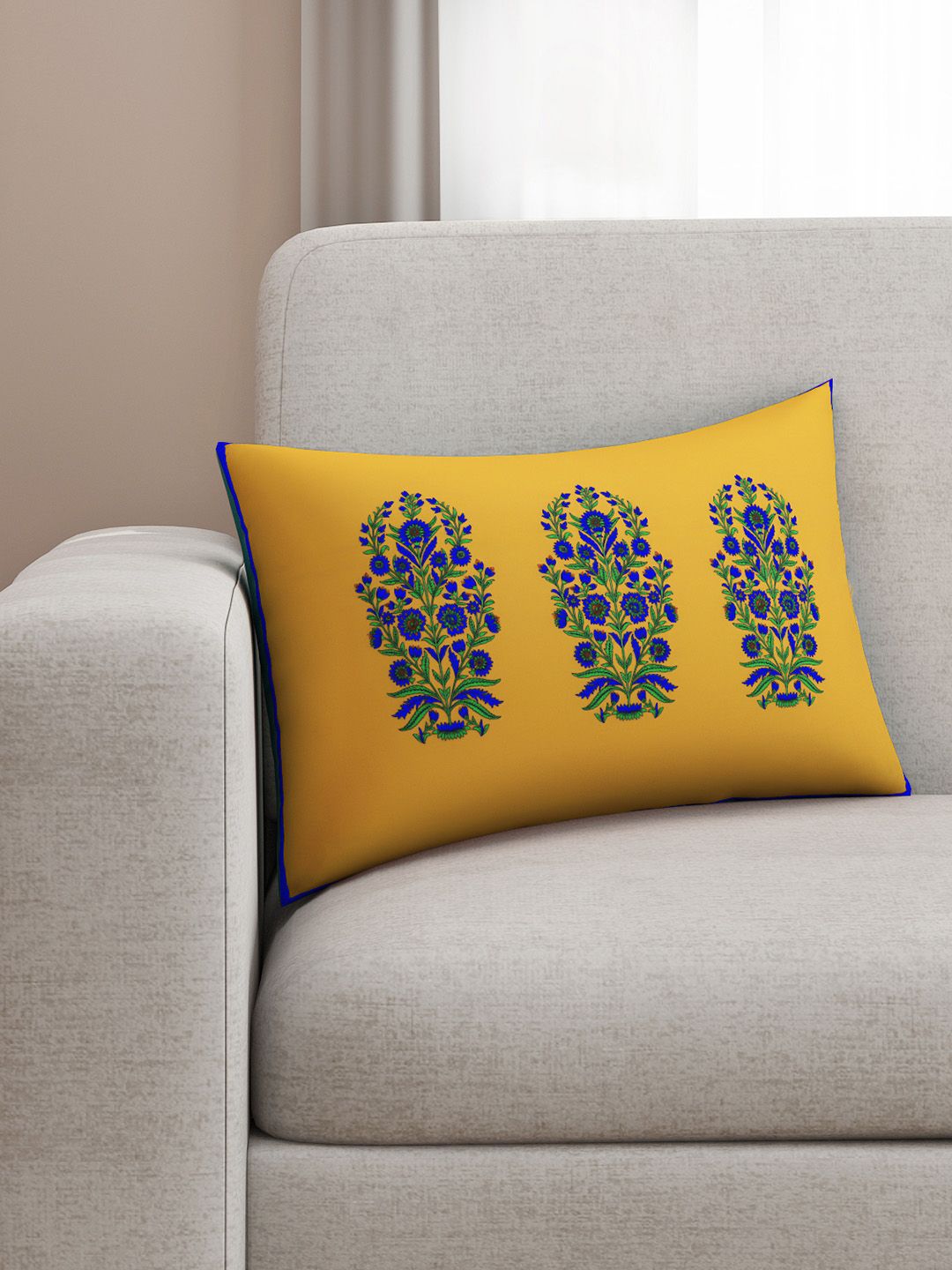 SEJ by Nisha Gupta Mustard Yellow Single Floral Rectangle Cushion Covers-picture-48