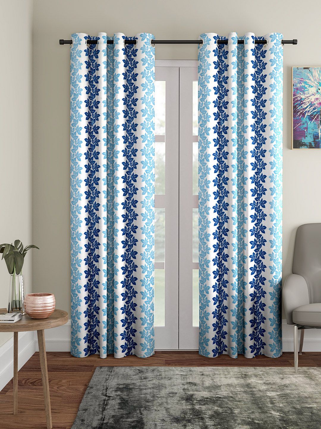 Cortina White & Blue Set of 2 Long Door Curtains-picture-28