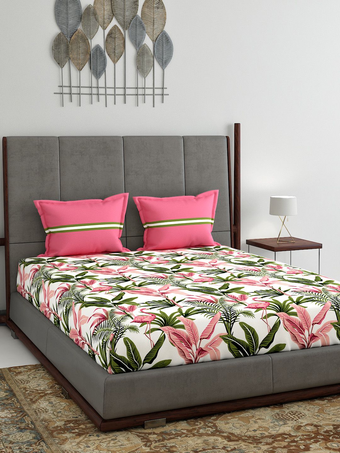 MYTRIDENT White Pink Floral 120 TC Cotton 1 Queen Bedsheet with 2