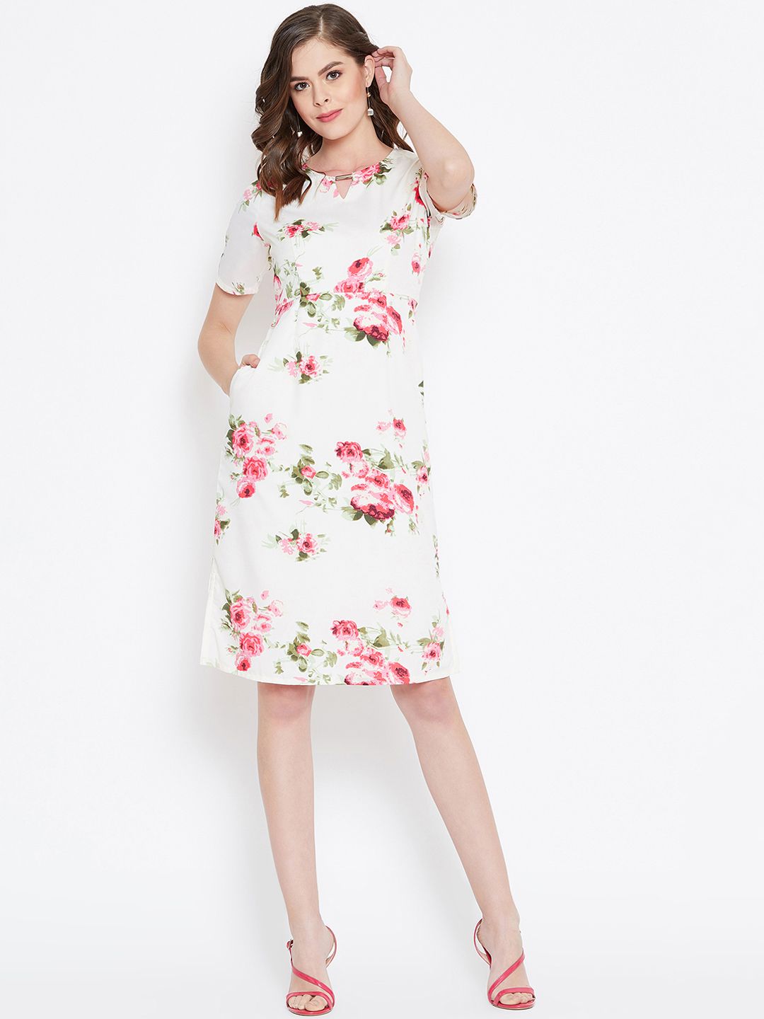 PURYS Women Off-White Floral Printed Fit and Flare Dress