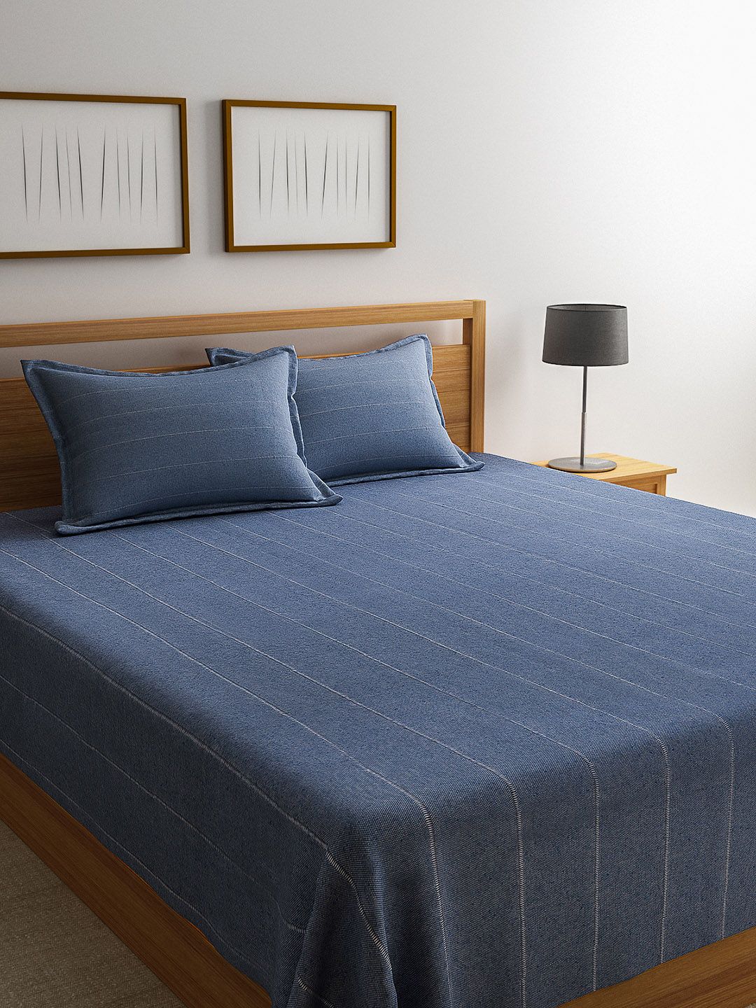 Saral Home Blue Striped 500TC Bed Covers with Two Pillow Covers