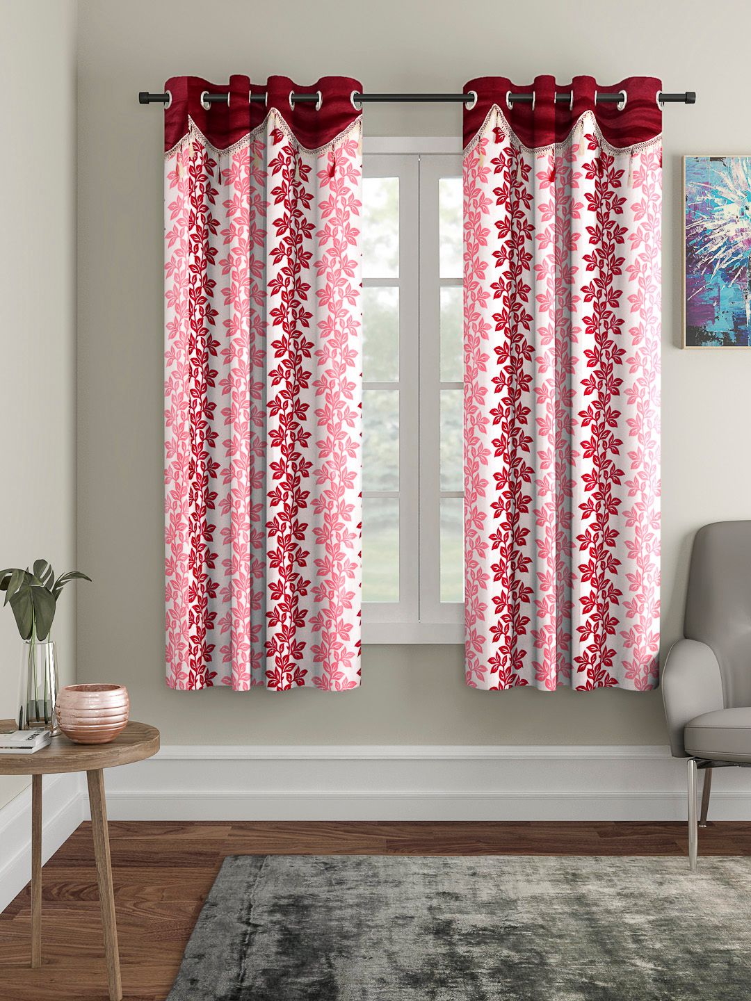 Cortina Maroon & White Set of 2 Fancy Valance Floral Printed Window Curtains-image-18