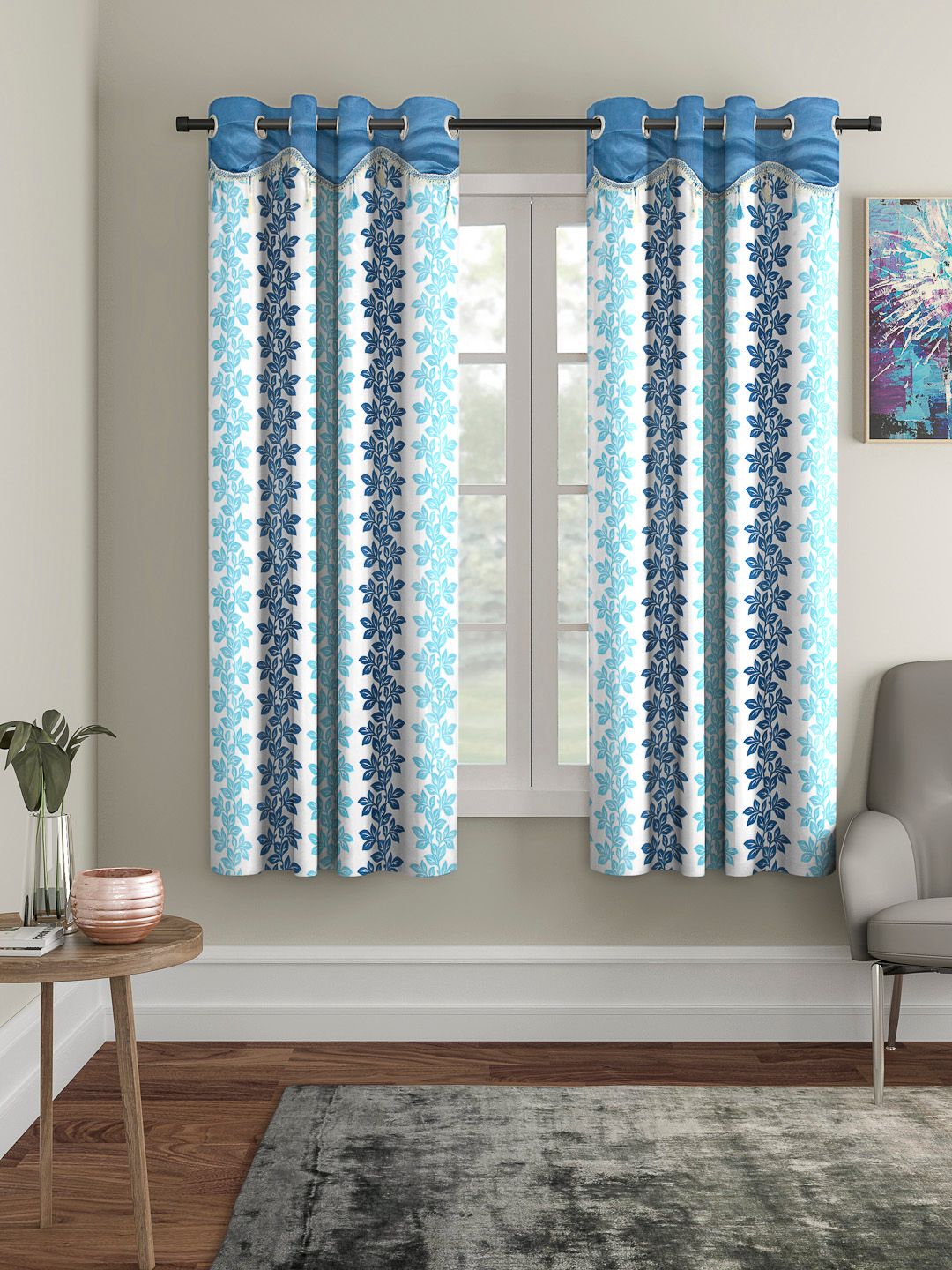 Cortina White & Blue Set of 2 Fancy Valance Floral Printed Window Curtains-image-46