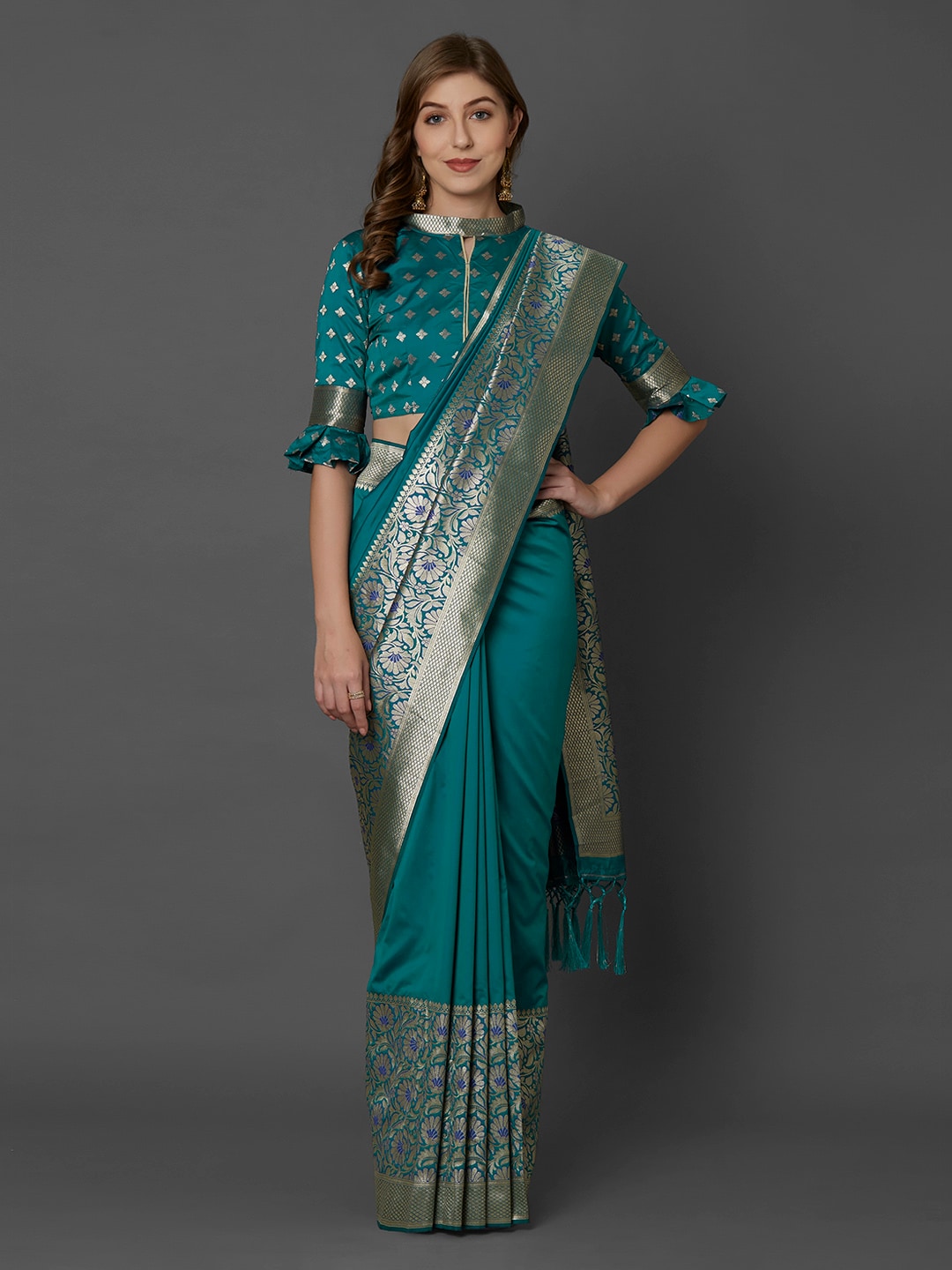Mitera Teal Silk Blend Woven Design Kanjeevaram Saree