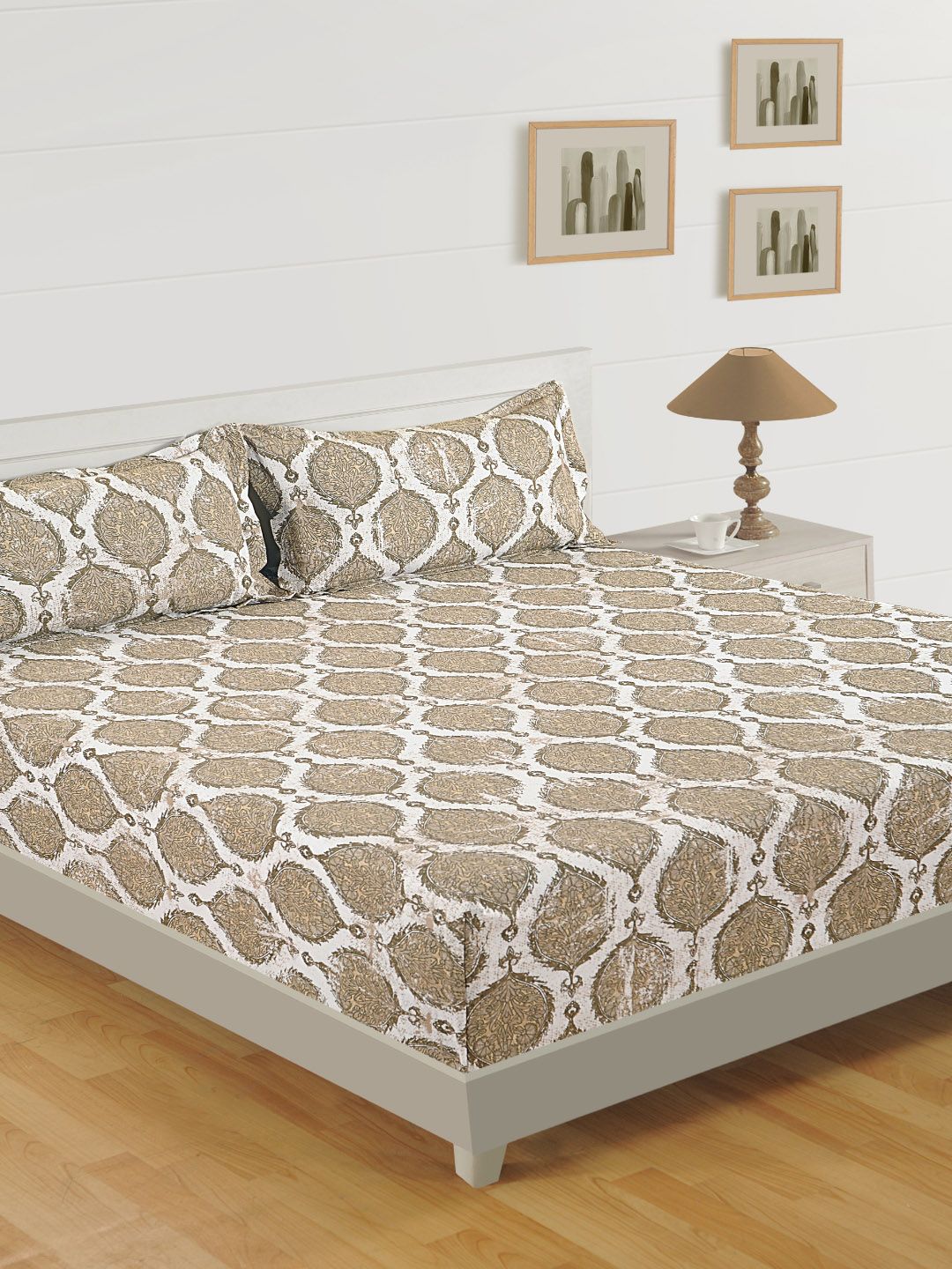 SWAYAM Brown & Off-White Floral 160 TC Cotton 1  Queen Bedsheet with 2 Pillow Covers-picture-18