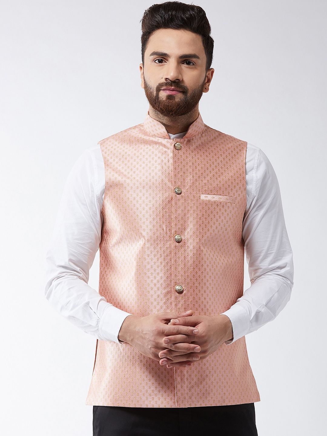 SOJANYA Peach & Gold-Coloured Woven Design Nehru Jacket-picture-41