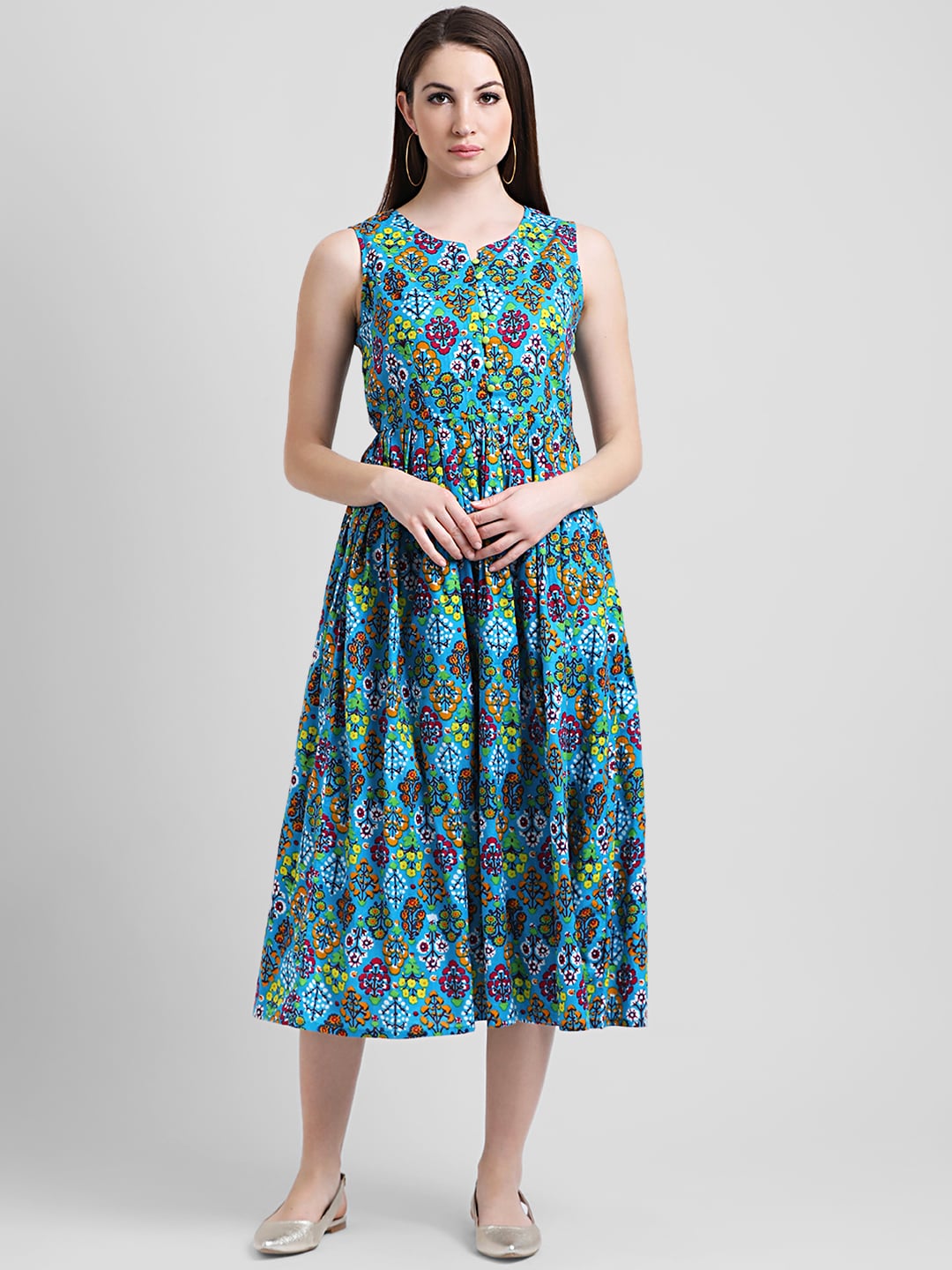 Aayna Women Blue Floral Printed Fit and Flare Dress
