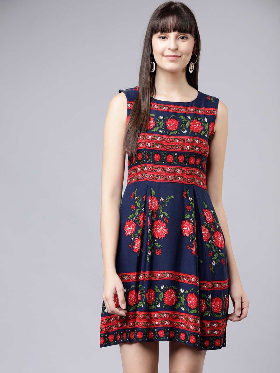 Tokyo Talkies Women Navy Blue Floral Printed Fit and Flare Dress