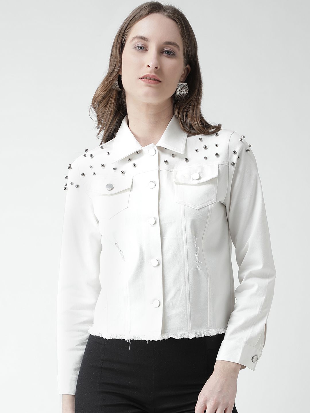 KASSUALLY Women White Solid Embellished Denim Jacket