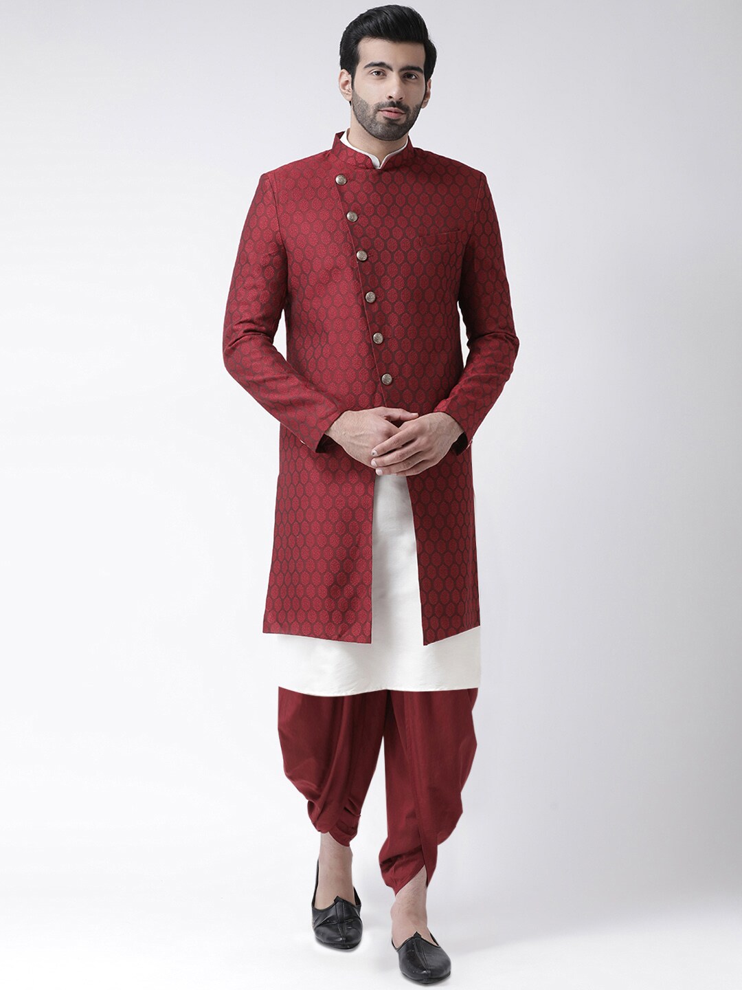 KISAH Men Maroon & White Banarasi Jacquard Self-Design Achkan and Dhoti