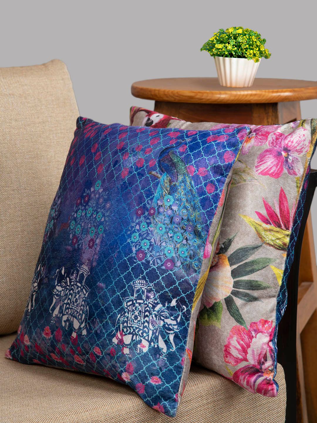 HOUZZCODE Blue & Grey Set of 2 Elephants Square Cushion Covers-image-2